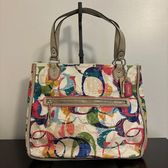 Coach Poppy Colorful Signature Canvas Hallie East/West Taupe Patent Leather Tote - Picture 1 of 14